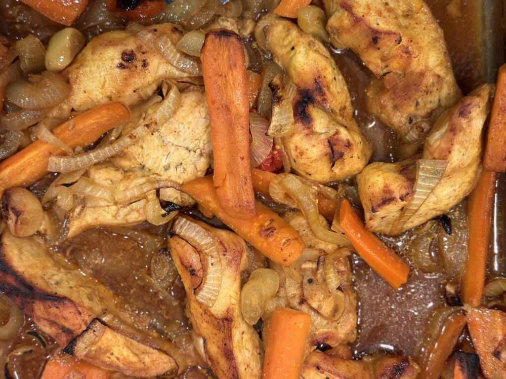 simply baked chicken with onion, carrot, potato and leeks if you like